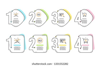 Sale, Search text and Startup concept icons simple set. Loan percent sign. Shopping star, Open book, Launch project. Shopping cart. Infographic timeline. Line sale icon. 4 options or steps. Vector