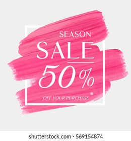 Sale season 50% off sign over art brush acrylic stroke paint abstract texture background vector illustration. Perfect watercolor design for a shop and sale banners.