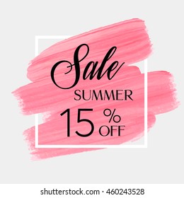 Sale season spring sale 15% off sign over grunge brush art paint abstract texture background acrylic stroke poster vector illustration. Perfect watercolor design for a shop and sale banners.