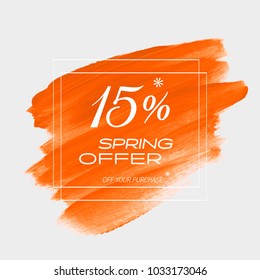 Sale season summer 15% off sign over grunge brush art paint abstract texture background acrylic stroke poster vector illustration. Perfect watercolor design for a shop and sale banners.