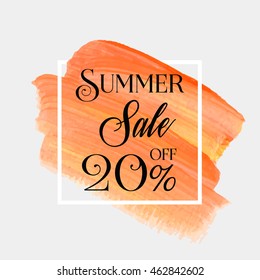 Sale season summer 20% off sign over grunge brush art paint abstract texture background acrylic stroke poster vector illustration. Perfect watercolor design for a shop and sale banners.