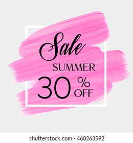 Sale season summer 30% off sign over grunge brush art paint abstract texture background acrylic stroke poster vector illustration. Perfect watercolor design for a shop and sale banners.