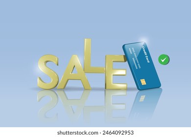 Sale with secure credit card payment. Online shopping and financial payment, discount store, e commerce marketing. 3D vector.