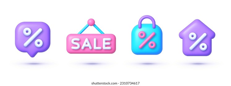 Sale set in 3d style. Render shopping symbol for discount concept, sale on goods and e-commerce. Vector icon set