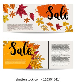Sale. Set of banner templates with autumn leaves. Design element for poster, card, emblem, sign banner. Vector image