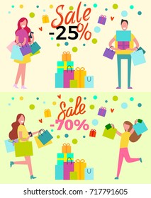 Sale set of banners depicting adults and bags with their purchases. Isolated vector illustration of happy man and cheerful women on shopping spree