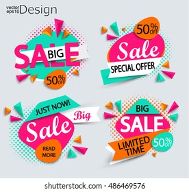 Sale - set of bright modern labels with halftone background. Sale and discounts. Vector illustration.