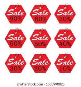 Sale set card vector Illustration. Sale offer banner. Sale poster with 10,20,30,40,50,60,70,80,90% lettering. Advertising vector banner template. 