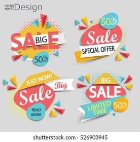 Sale - set of color modern labels with halftone background. Sale and discounts. Vector illustration.