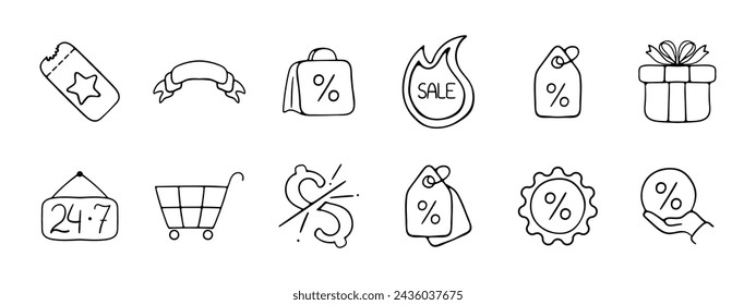 Sale set icon. Coupon, gift, announcement, money, template, hot price, discount, cart, time limit, new, 247. Concept of store, discounts. Vector line icon on white background.