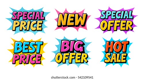 Sale set icons. Comic text pop art style vector