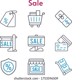 sale set. included sale, shop, price tag, shopping cart, discount, warranty, credit card, trolley icons. bicolor styles.