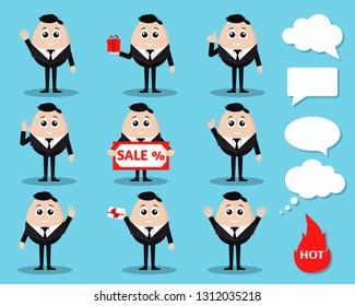 Sale set of isolated vector elegant smiling businessman in black suit with white shirt and tie with gift bonus card,  four speech bubbles, different pose. Vector illustration in cartoon flat style.