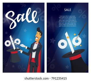 Sale - set of modern vector illustrations with calligraphy text and place for your information on red background. An image of a magician doing a hat trick. Discount, shopping concept