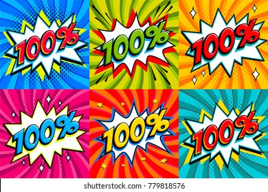 Sale set. Sale one hundred percent 100% off tags on a Comics style bang shape background. Pop art comic discount promotion banners. Seasonal discounts, Black Friday, cyber monday. Vector illustration