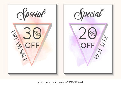 Sale set special offer 20% and 30% off sign text over original watercolor art brush paint texture background vector illustration. Perfect watercolor design for shop sale banners or cards.