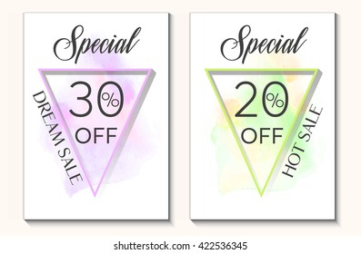 Sale set special offer 20% and 30% off sign text over original watercolor art brush paint texture background vector illustration. Perfect watercolor design for shop sale banners or cards.