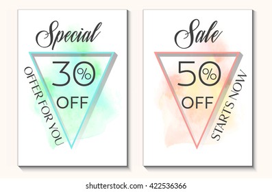 Sale set special offer 30% and 50% off sign text over original watercolor art brush paint texture background vector illustration. Perfect watercolor design for shop sale banners or cards.
