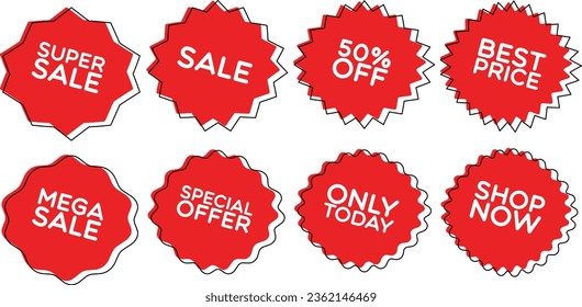 Sale set stickers. Red spiky polygonal stickers. Sale, shop now, only today, special offer, best price.