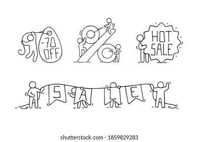 Sale set with working little people. Doodle cute miniature scenes of workers with discount banners. Hand drawn cartoon vector illustration for business and marketing design.