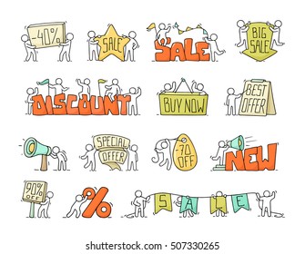 Sale set with working little people. Doodle cute miniature scenes of workers with discount banners. Hand drawn cartoon vector illustration for business and marketing design.