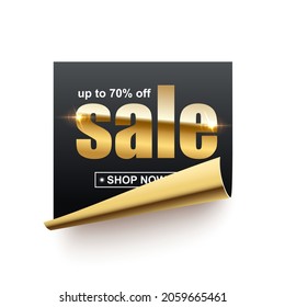 Sale shiny gold word on black sticker with curled edge vector illustration. 3d realistic advertising banner with 70 percent discount in price offer, glossy premium design with rolled corner and shadow