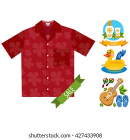 Sale. Shirt, cosmetics, guitar, beach flip flops. Colored illustration for design.