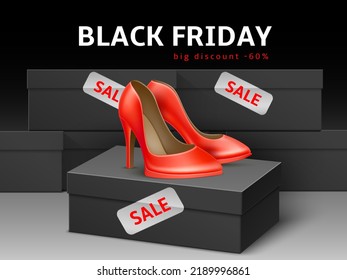 Sale shoes banner. Black friday discount advertising poster with classic female red footwear high heels, realistic box, special offer, promotion advertising template, utter vector concept