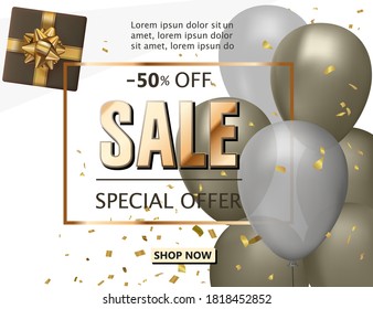 Sale shop background with golden confetti, sale poster. Vector
