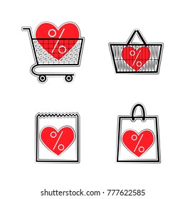 Sale shop bag basket and cart icons. Discount symbol. Special offer label with hearts. Vector stickers