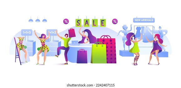 Sale in shop, happy girl woman buy cartoon clothes, vector illustration. Female customer character at fashion store, discount at retail goods.