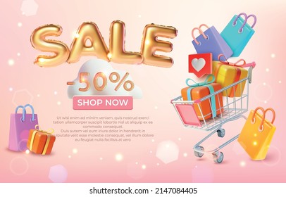 Sale Shop Now Ads Banner Concept Poster Card Trolley Market with Paper Bags and Present Gift. Vector illustration