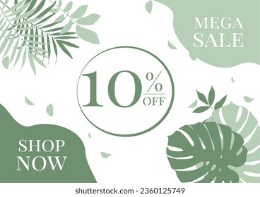 sale shop now, banner 10% percent off tropical leaves. Modern abstract cover , minimal nature design