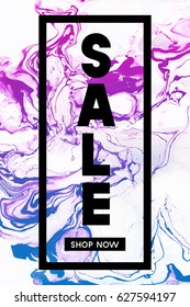 Sale. Shop Now. Black Typographic Banner Template with Pastel Marble Texture on White Background. Vertical Poster Design.