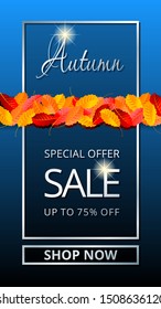 Sale shop now invitation for social network stories. Silver lettering on blue background with yellow, red, orange autumn leaves.