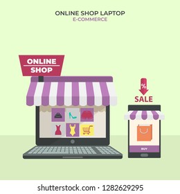 Sale, shop online using laptop. 3d vector isometric illustration, online shop