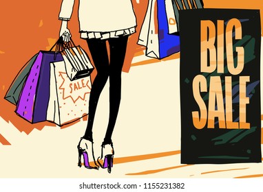 Sale. Shopaholic. A girl carries packages. shopping.  Vector hand-drawn sketch. 