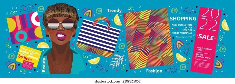 Sale. Shopping. Abstract. Vector illustration of fashion, clothes, black woman, art, discount and promotion. Background for poster, banner and flyer	
