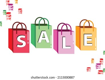Sale Shopping Bag with Alphabet for promotion banner. Colorful sale paper bags template design in white background and confetti decoration. Big Sale fonts on red, green, pink and yellow packages 