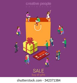 Sale shopping bag flat 3d isometry isometric e-commerce Black Friday consumerism concept web infographics vector illustration. Creative people collection.