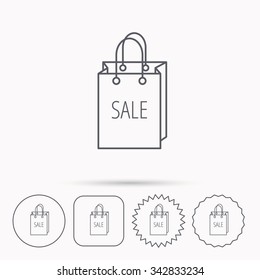 Sale shopping bag icon. Discount handbag sign. Linear circle, square and star buttons with icons.