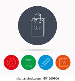 Sale shopping bag icon. Discount handbag sign. Calendar, cogwheel, document file and pencil icons.