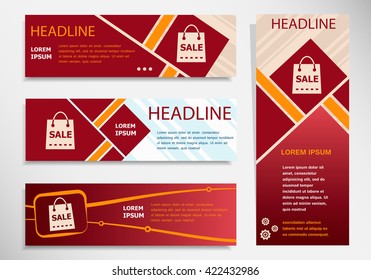 Sale shopping bag icon on vector website headers, business success concept. Modern abstract flyer, banner
