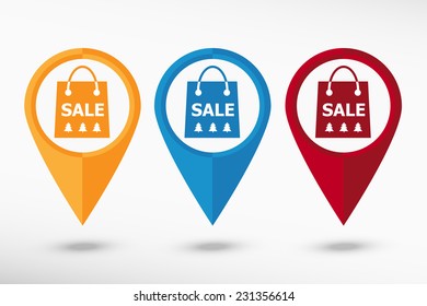 Sale shopping bag map pointer. Flat design style 