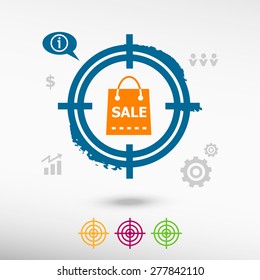 Sale shopping bag on target icons background. Flat illustration