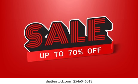 Venda de banner de compras, vermelho 3D Mínimo de sombra de texto com 70% de desconto Red Ribbon Label Sticker curl no fundo vermelho para campanha de vendas Flash, ofertas especiais usar para o seu site de compras