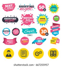 Sale shopping banners. Accounting workflow icons. Human silhouette, cogwheel gear and documents folders signs symbols. Web badges, splash and stickers. Best offer. Vector