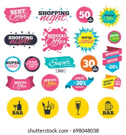 Sale shopping banners. Bar or Pub icons. Glass of beer and champagne signs. Alcohol drinks and cocktail symbols. Web badges, splash and stickers. Best offer. Vector