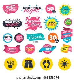 Sale shopping banners. Beach holidays icons. Cocktail, human footprints and swimming trunks signs. Summer sun symbol. Web badges, splash and stickers. Best offer. Vector