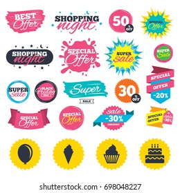 Sale shopping banners. Birthday party icons. Cake with ice cream signs. Air balloon symbol. Web badges, splash and stickers. Best offer. Vector